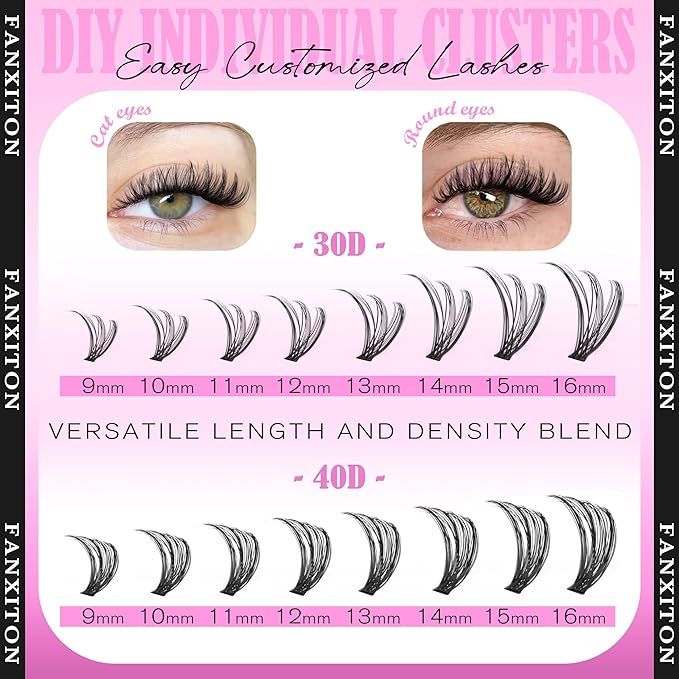 FANXITON Lash Clusters Wispy 30D+40D Lashes Clusters 400pcs Eyelash Clusters D Natural Cluster Eyelash Extensions 9-16mm Mix Individual Lashes for Beginners