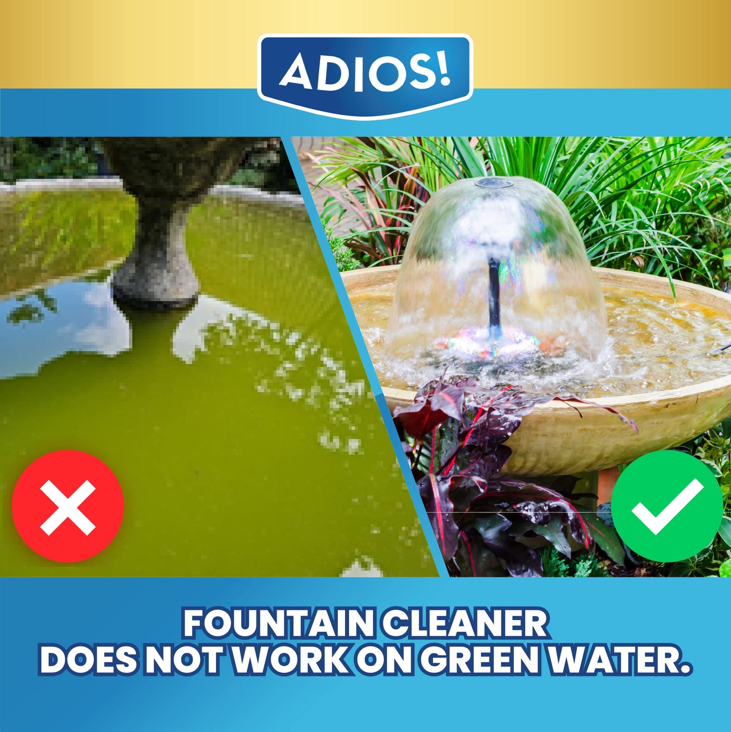 Adios! Fountain Cleaner and Clarifier for Outdoor and Indoor Fountains – Safe for Plastic, Metal, Glass and Stone (32oz)