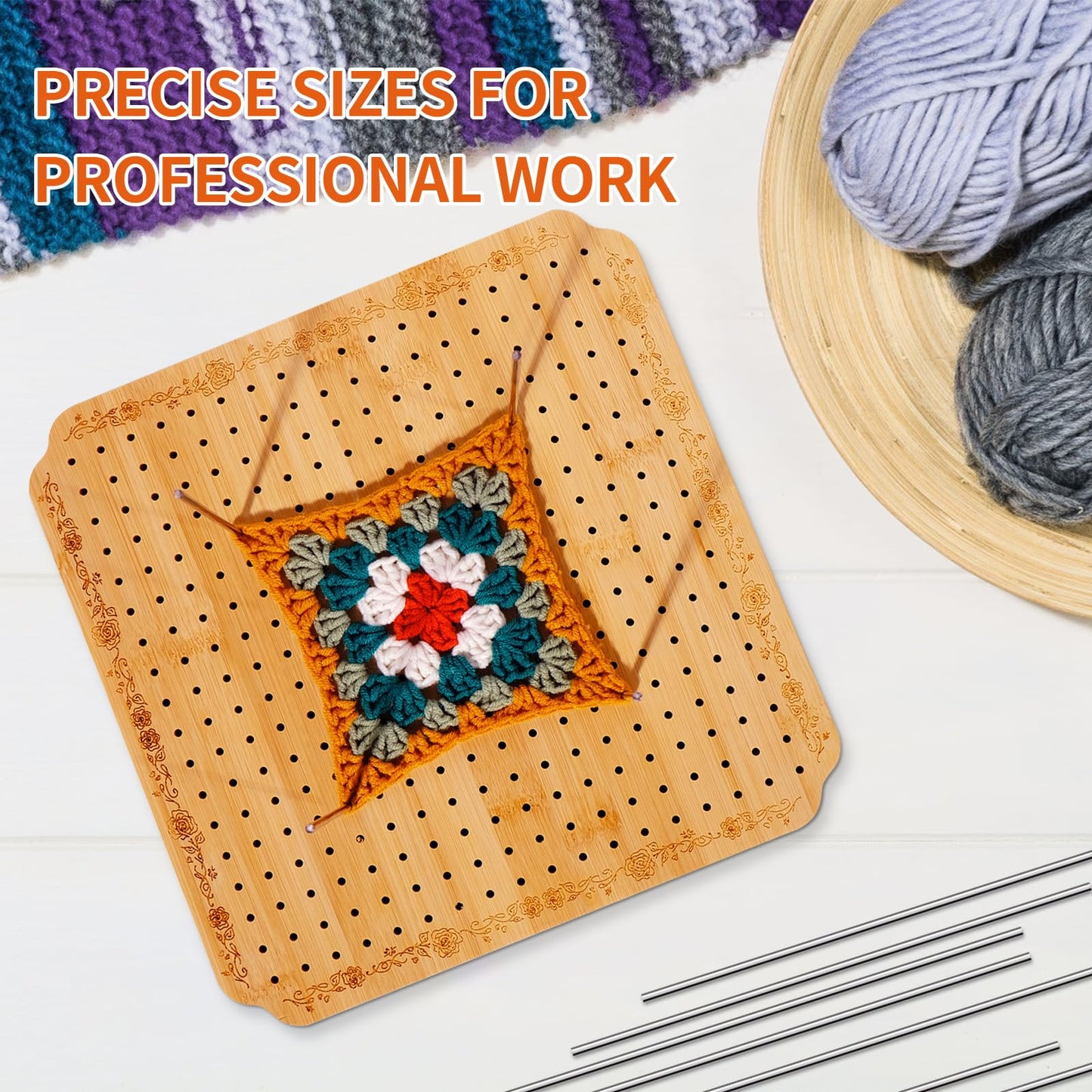 CraftyManor 10 in Blocking Boards for Crochet Projects with Rose Pattern, Crochet Blocking Board with Pegs, Granny Square Blocking Board with 20 Stainless Steel Pegs, Bamboo