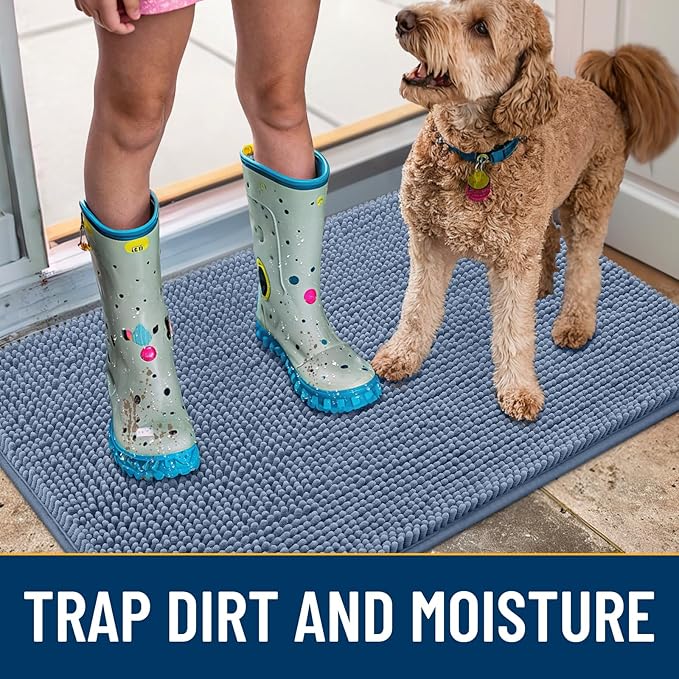 Smiry Dog Door Mat for Muddy Paws 40x32, Absorbs Moisture and Dirt Doormat, Non-Slip Washable Quick Dry Chenille Front Door Mat Indoor Entrance, Entryway Carpet for Inside Floor, Airy Blue