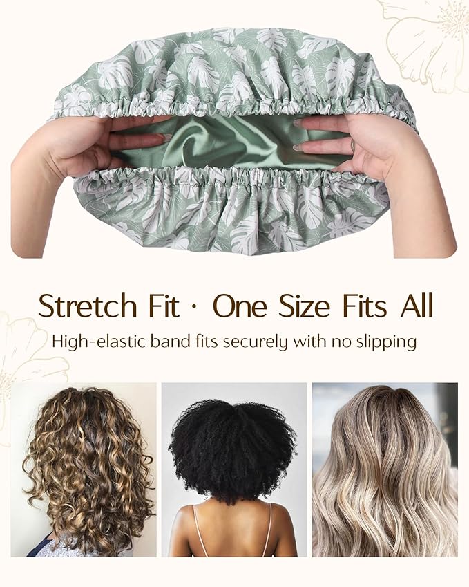 Yanibest Satin Lined Shower Cap for Women Reusable Waterproof, Frizz Free & Large Bath Cap with Soft Elastic Band, Luxury Hair Protection Caps (Green Leaves)