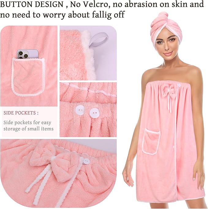 Towel Wrap Women Shower Robe Adjustable Closure Bathrobe with Hair Drying Towel & Spa Wraps