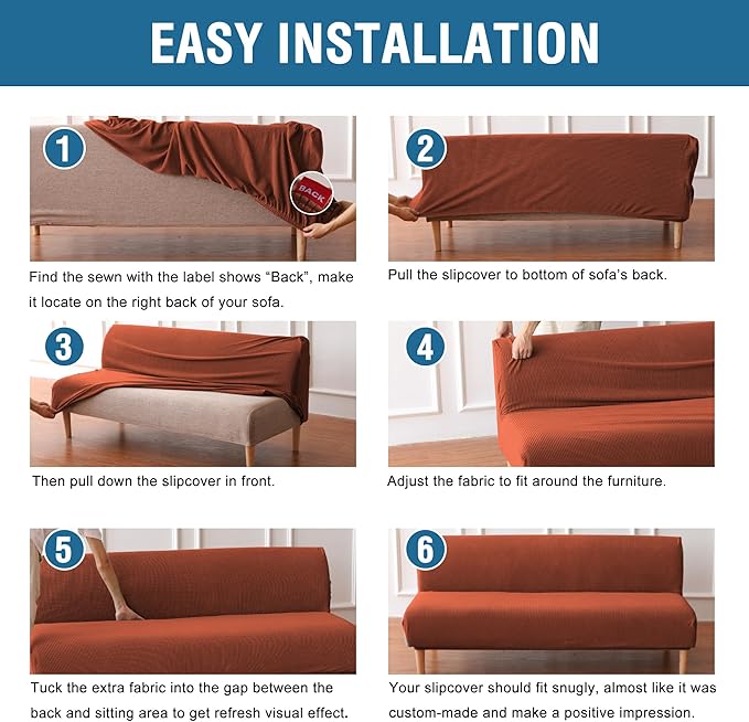 H.VERSAILTEX Armless Futon Cover Stretch Sofa Bed Slipcover Protector Elastic Feature Rich Textured High Spandex Small Checks Jacquard Fabric Futon Cover, Machine Washable, Rust