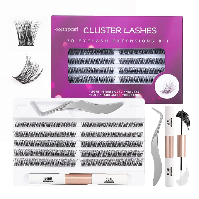 Individual Lashes 120 Cluster Lashes DIY Eyelash Extension Thin Band Wide Stem Lash Clusters with Applicator and Lash Bond and Seal Lash Extension Kit Mix 10-16mm Length C/D-OP01