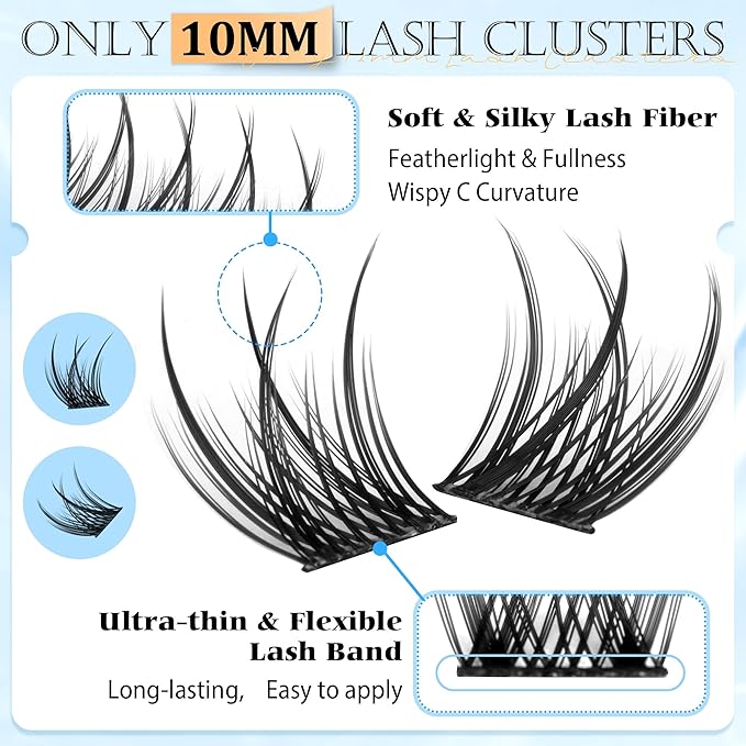 PHKERATA 10mm Natural Eyelash Clusters Wispy Lash Clusters C Curly Cluster Eyelash Extensions DIY Individual Lashes Soft Lash Extension with Thin Band, 110 pcs