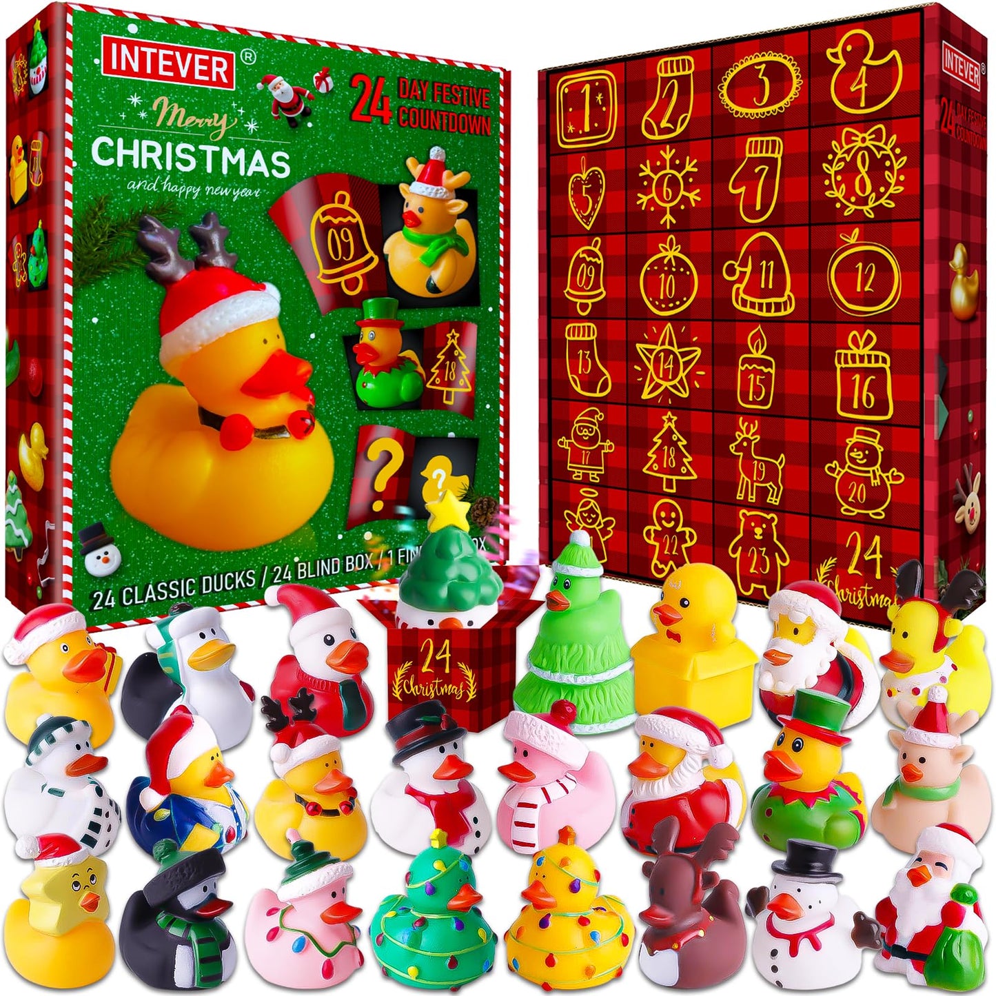 Intever 2025 Advent Calendar Christmas Ducks – 24 Days of Surprise Rubber Duck Gifts | Fun Holiday Countdown Toy Set for Christmas Party Favors, Stocking Stuffers & Decorations for Toddlers, Boys & Girls