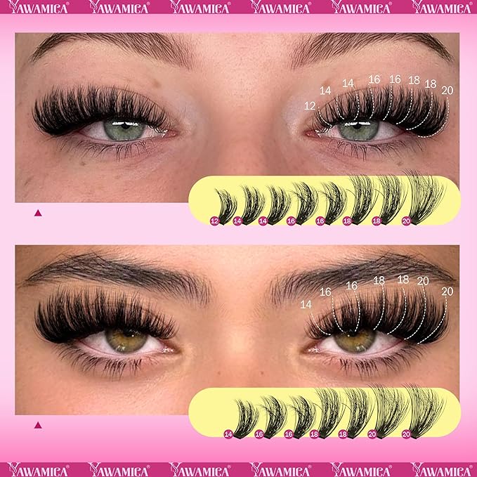 Yawamica Fluffier Lash Clusters Kit with Remover Wispy Cluster Eyelash Extensions 12-20mm Eyelash Clusters 200D Volume Lash Extension Kit D Curly Cluster Lashes with Bond and Seal Remover Tweezers