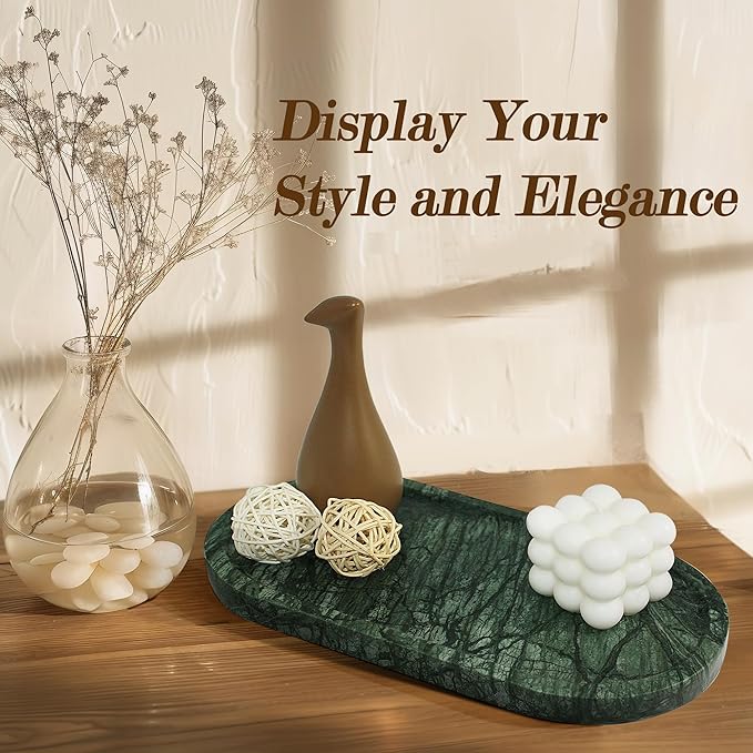 YMXYJM Genuine Real Natural Marble Tray for Bathroom, Luxury Indian Green Stone Vanity Tray, Decorative Oval Trays for Countertop Storage Organizer, Dresser, Kitchen, Home Decor, 11.8" x 6", Green