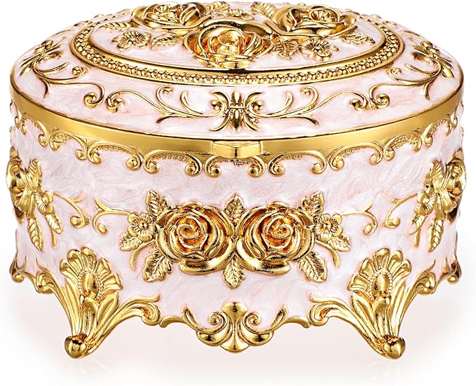 Hipiwe Vintage Metal Jewelry Box - Oval Trinket Organizer Ring Box Case with Rose Pattern Jewelry Storage Box for Ring Earrings Necklace, Gift for Women