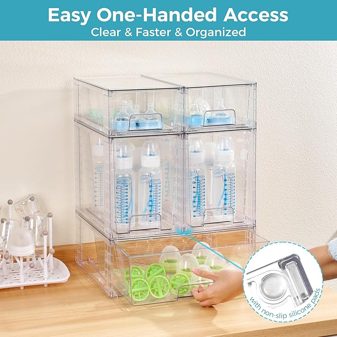 Vtopmart 5 Pack Clear Stackable Storage Drawers,Easy to Assemble Baby Bottle with handles,Plastic Drawers for Kitchen Pantry,Cabinet,Under Sink Organization
