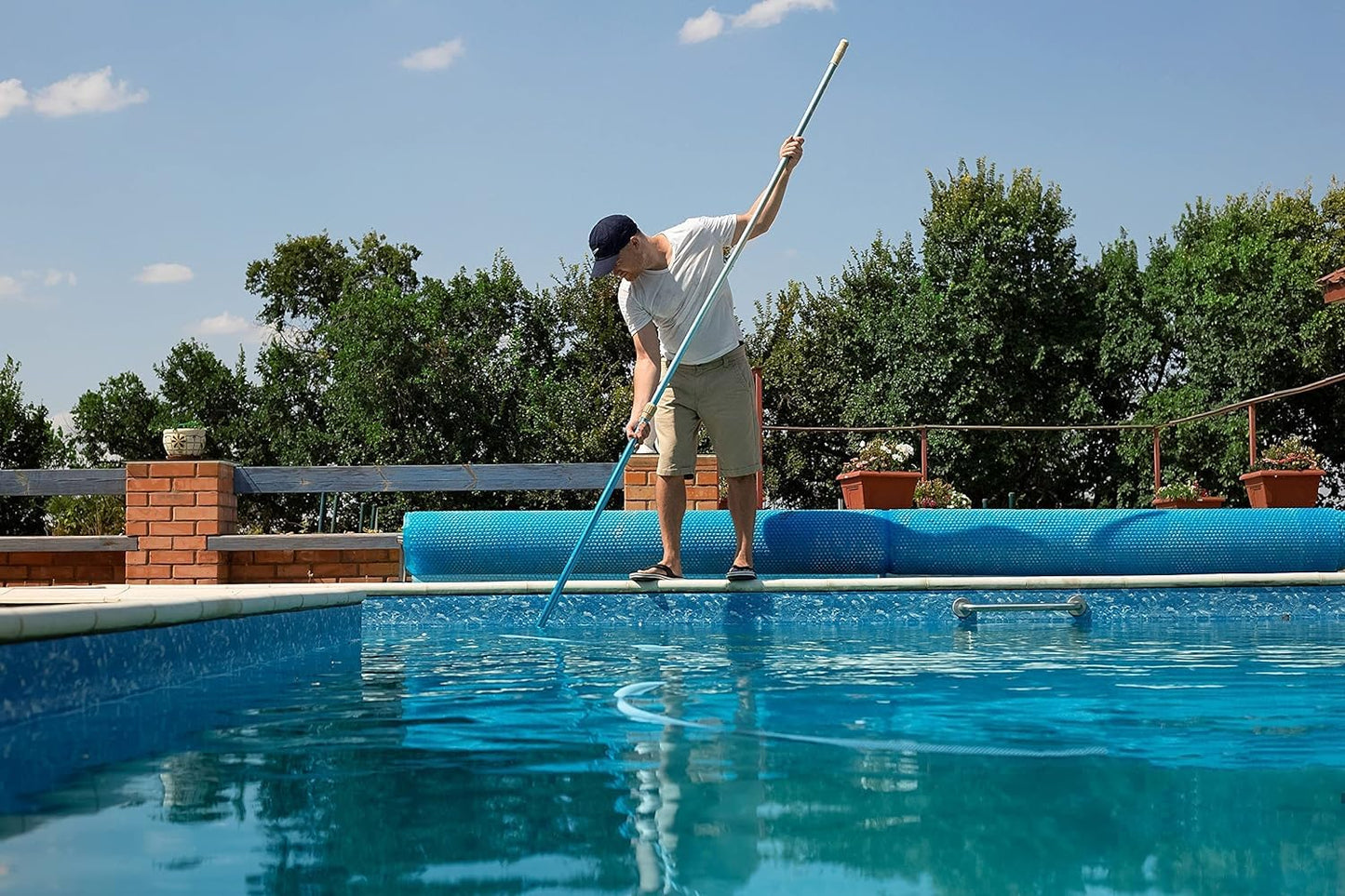 POOLWHALE Premium 15 Foot Telescopic Swimming Pool Pole, Adjustable 3 Piece Extendable Pool Cleaning Pole, Blue Anodized Aluminum - for Skimmer Nets, Vacuum Heads and Brushes
