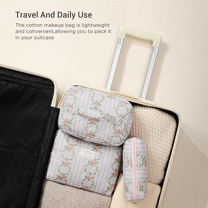 HBselect Quilted Makeup Bag, 3PCS Cotton Large Travel Makeup Bag, Cute Floral Coquette Make up Bag Cosmetic Bag Toiletry Bag for Women Girls