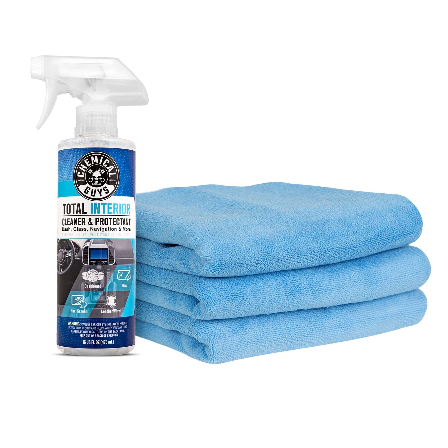 Chemical Guys Total Interior Cleaner and Protectant, 16 Fl Oz + 3 Pack of Microfiber Towels (Safe for Cars, Trucks, SUVs, Jeeps, Motorcycles, RVs & More)