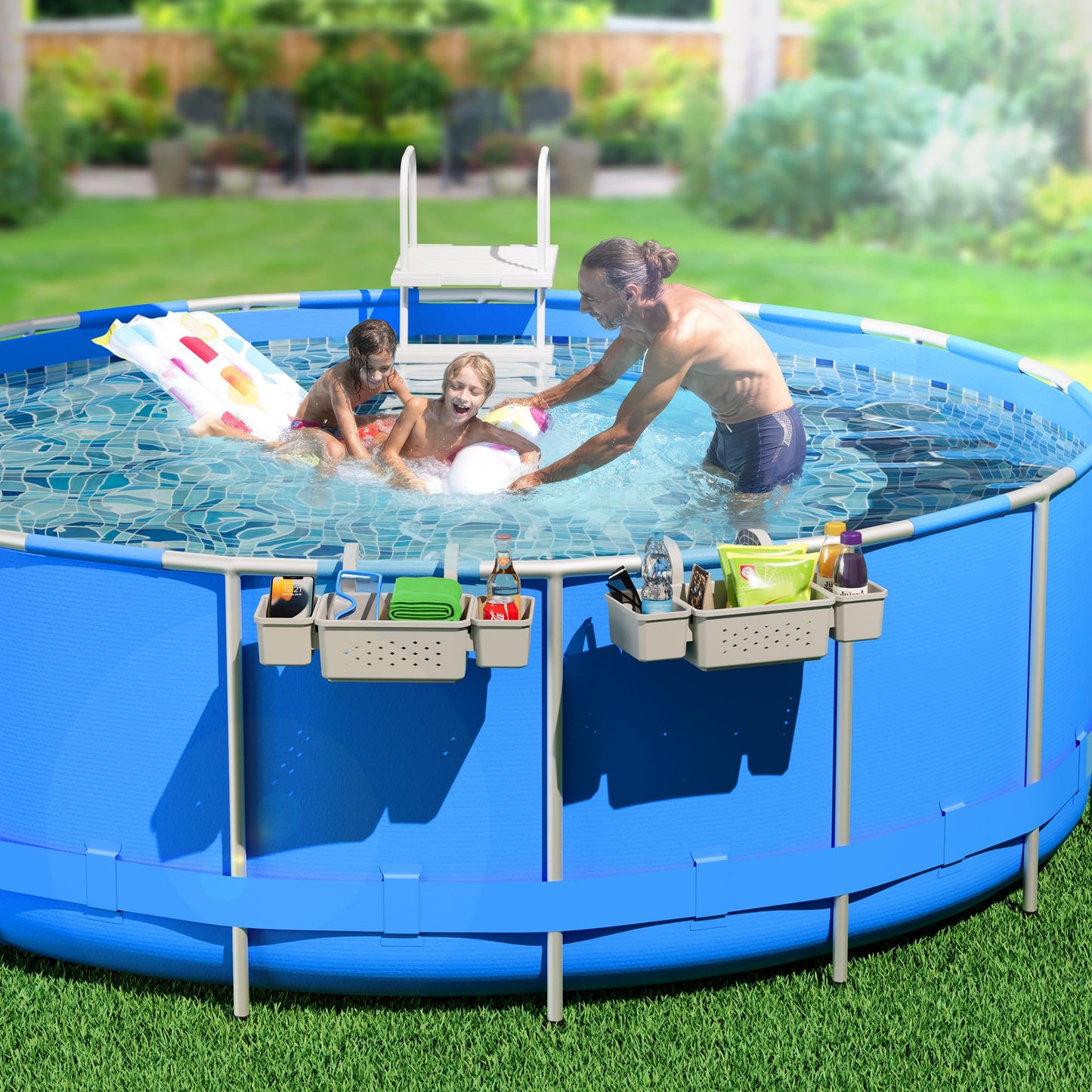 Kompoll [Patented] Poolside Storage for Above Ground Pool Accessories, Thickened Plastic Pool Basket with 2 Pool Cup Holder, Multifunctional Poolside Holder Fits for Most Frame Pools (2 Pack)