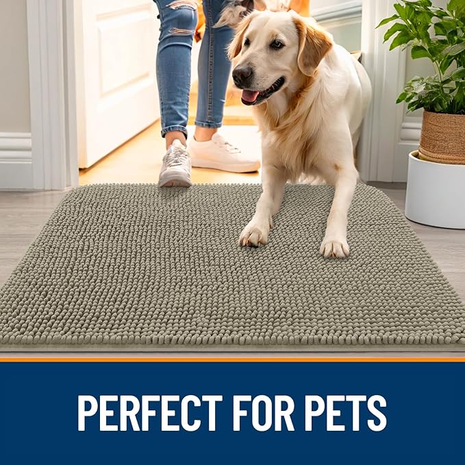 OLANLY Dog Door Mat for Muddy Paws 34x21, Absorbs Moisture and Dirt, Absorbent Non-Slip Washable Doormat, Quick Dry Chenille Mud Mat, Entry Indoor Entryway Carpet for Inside Floor, Warm Taupe