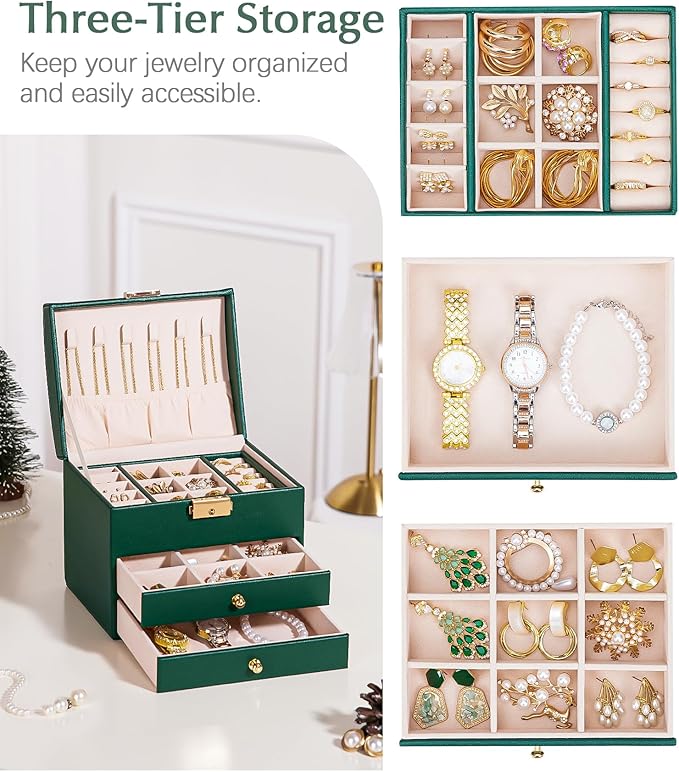 Homde Girls Jewelry Box with Lock: 3 Layer Organizer with Removable Tray - Storage for Ring Necklace Earring - Birthday & Return Gifts for Young Women (Midnight Green)