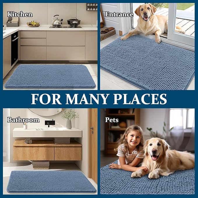 OLANLY Dog Door Mat for Muddy Paws 54x24, Absorbs Moisture and Dirt, Absorbent Non-Slip Washable Doormat, Quick Dry Chenille Mud Mat for Dogs, Entry Indoor Entryway Carpet for Inside Floor, Airy Blue