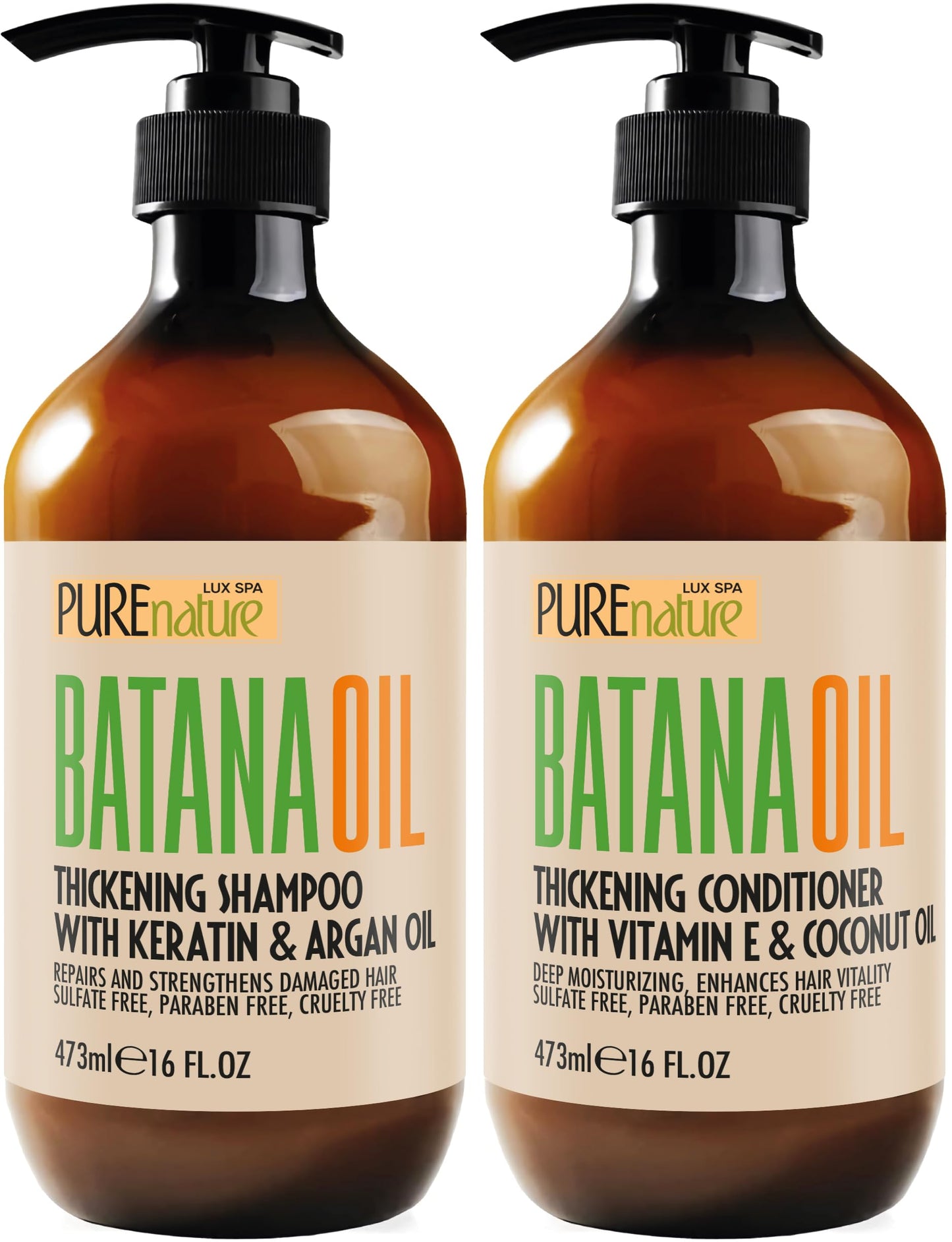 Batana Oil Shampoo and Conditioner Set - Thickening, Sulfate Free Formula for Women and Men - Volumizing, Moisturizing, Professional Salon Care Products for Fine, Thinning Hair - 16 Fl Oz (Pack of 2)