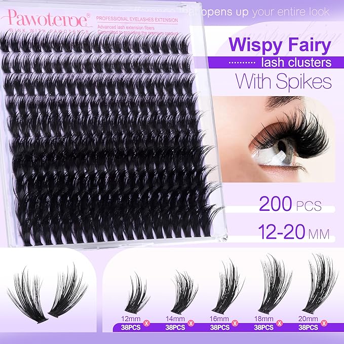 Pawotence Wispy Lash Clusters 12-20mm Cluster Eyelash Extensions 190pcs Individual Lashes Clusters Fairy Spikes Eyelash Clusters Lashes Extension for DIY at Home