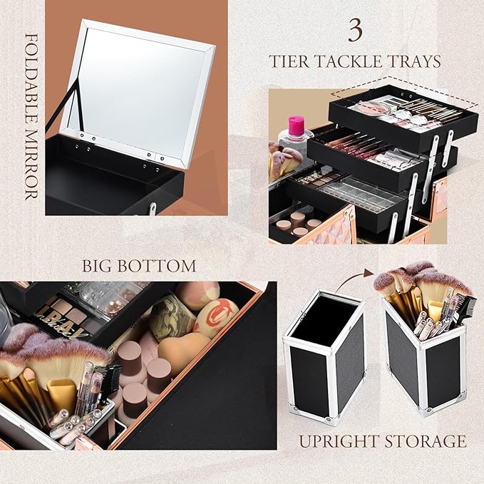 Joligrace Makeup Train Case Cosmetic Box 11.6 Inch Jewelry Organizer Professional 3 Tiers Trays with Mirror and Brush Holder Lockable Key Portable Travel - Rose Gold