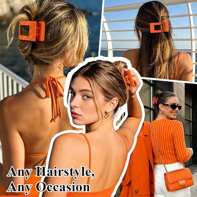 Large Flat Hair Claw Clips for Women for Thin Thick Hair, Stylish Strong Hold Non Slip Square Hair Clips, Cozy French Lay Down Hairclips, Comfortable All-Day Wear, Orange, 4 Pcs