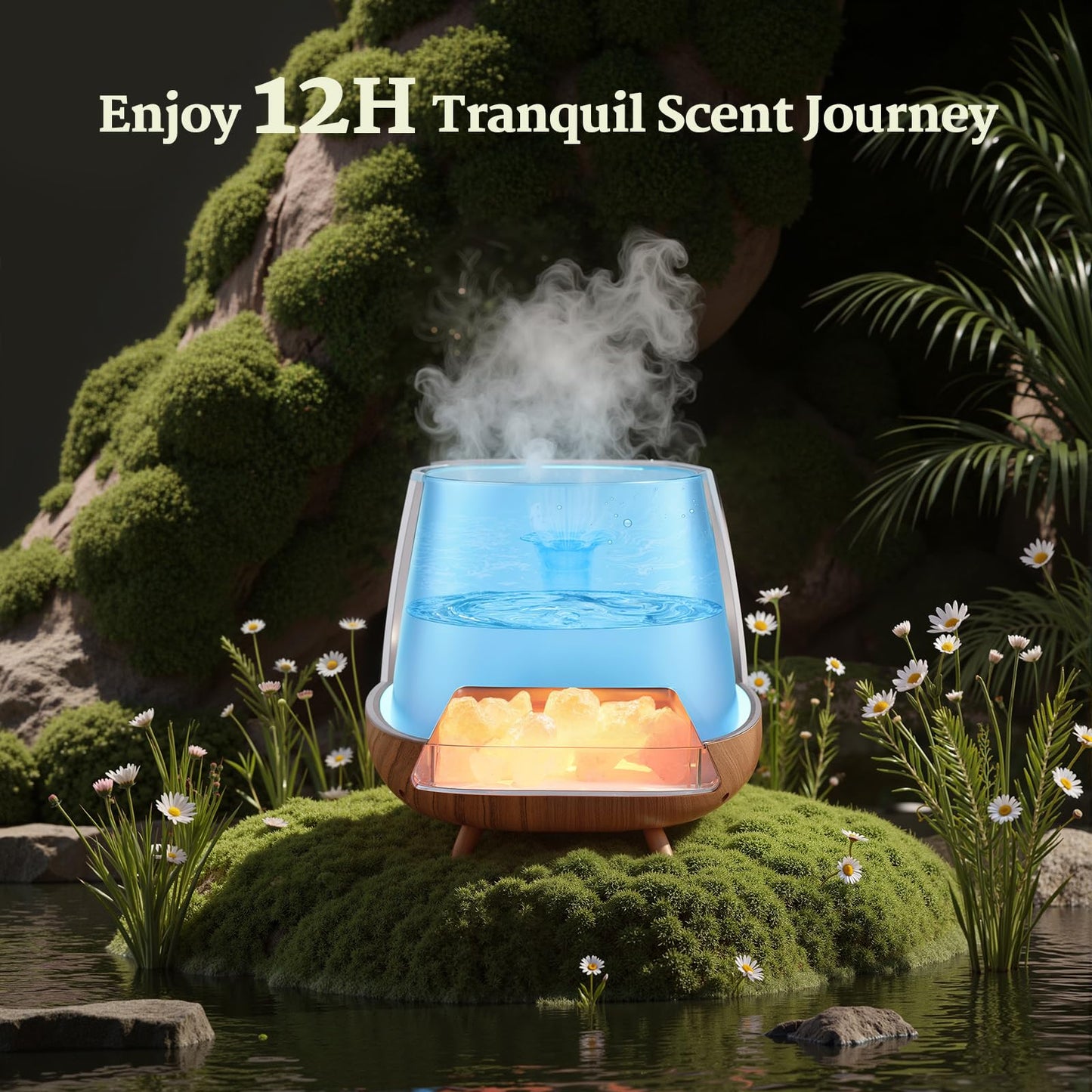 JJNJJN Essential Oil Diffuser for Home: 200ml Wood Grain Scent Diffuser - Pure Himalayan Pink Salt Rock - Cool Mist Humidifier with Auto Off Function and 9 Colors LED Light for Bedroom