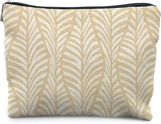 Boho Beige Leaf Makeup Bag, Neutral Block Print Leaves Cosmetic Bags for Women, Minimalist Beige Botanical Zipper Makeup Pouch