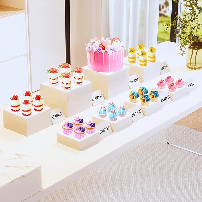 8Ã¢ÂÂ Buffet Risers with Mini Signs, Buffet Table Risers and Stands, Acrylic Cube Display Box for Catering Party Table Food Display, Dessert, Cakes - White, Set of 8 Boxes