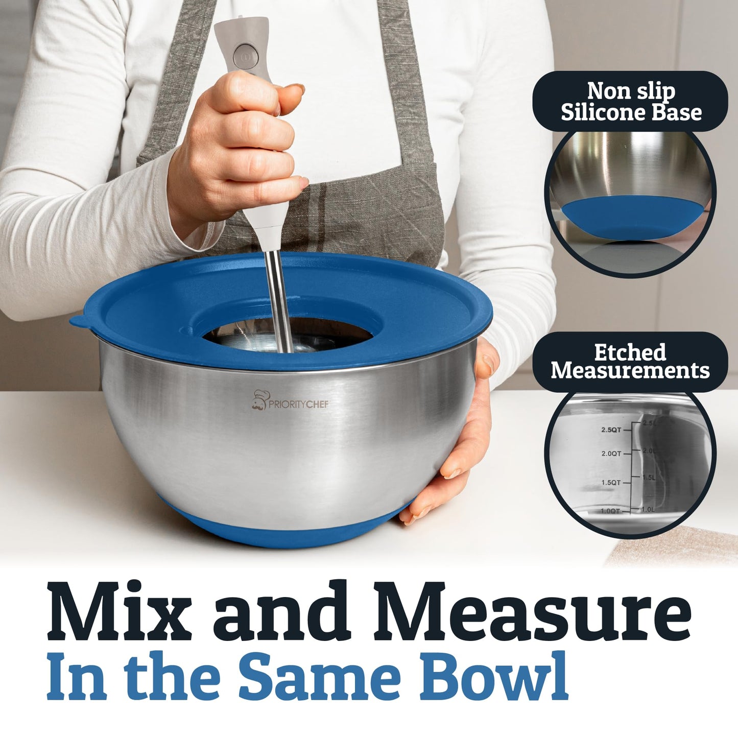 Priority Chef Stainless Steel Mixing Bowls with Lids Set, 3 Grater Attachments, Airtight Lids, Non-Slip Silicone Base Mixing Bowl Set, Large Prep Metal Mixing Bowls for Kitchen, Blue