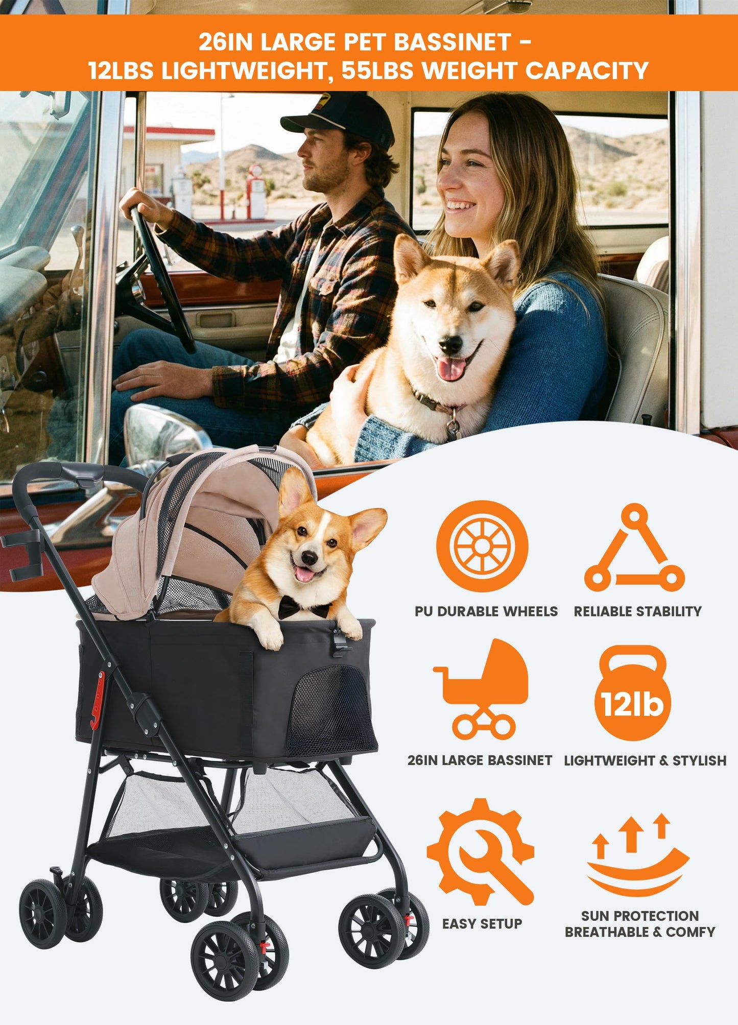 MILA&LOUIS Dog Stroller, 26" Pet Cradle for Medium Dog, Lightweight Foldable Dog Stroller for Multiple Small Pets Durable PU 4-Wheel Dog Strollers, Pet Stroller for Dogs & Cats up to 25Lbs