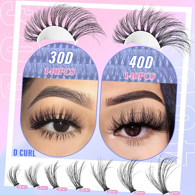Wispy Lash Clusters Individual Lashes 280pcs Cluster Eyelash Extensions 10-22MIX DIY Lash Extension D Curl 30D+40D Natural Eyelashes Clusters,by Yaiseiko