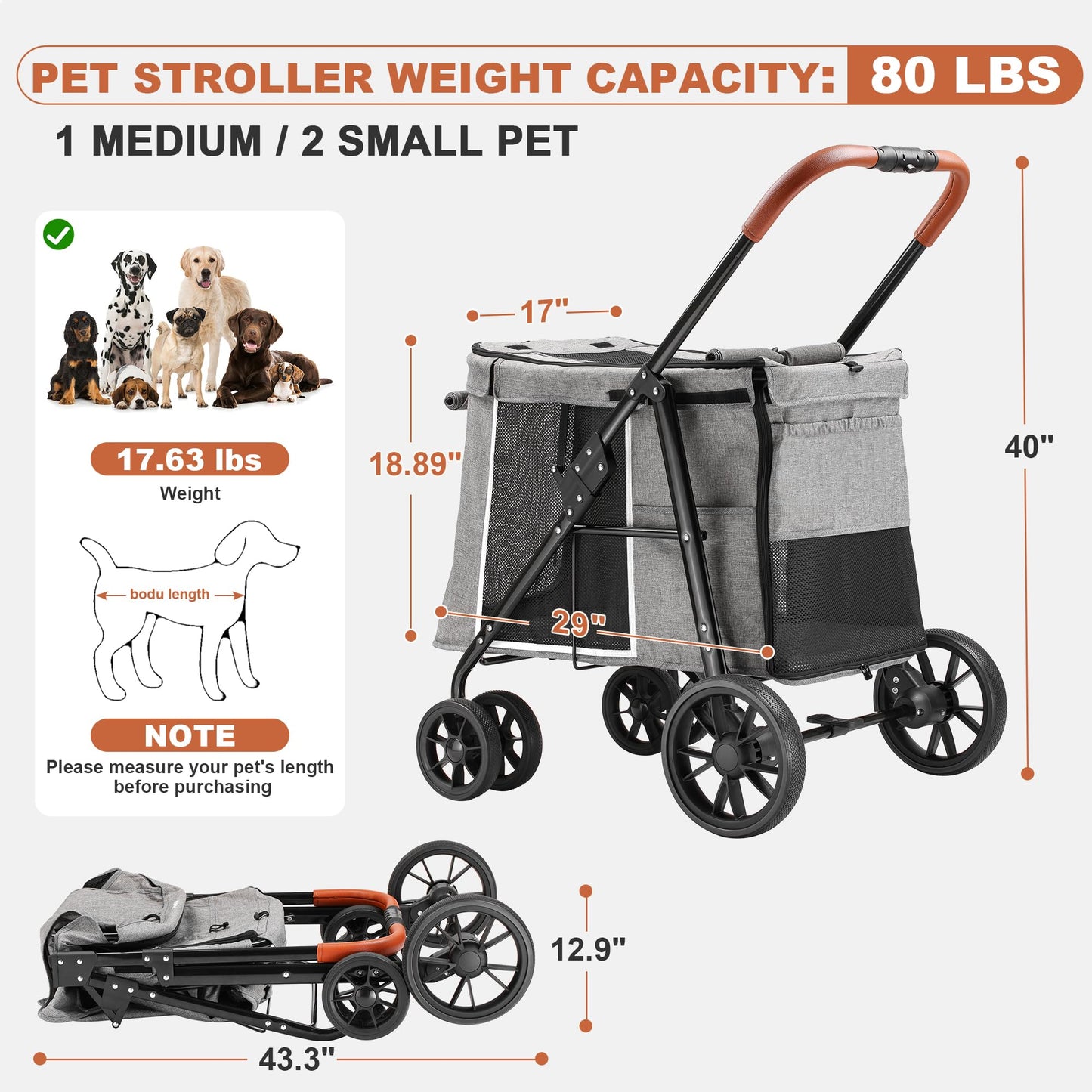 AOPEC Medium Dog Stroller, Dual Entry One-Touch Folding,Small and Medium Pet Stroller,360° Rotating Front Wheels,80 lbs Weight Capacity for Outdoor Travel and Elderly Dogs - Gray