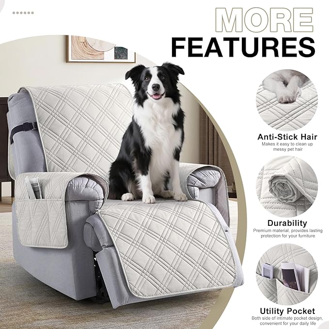 TAOCOCO 100% Waterproof Recliner Chair Cover, Non Slip Recliner Covers for Recliner Chair with Pocket, Washable Reclining Chair Cover Furniture Protector for Kids, Pets(23.6'', Off White)