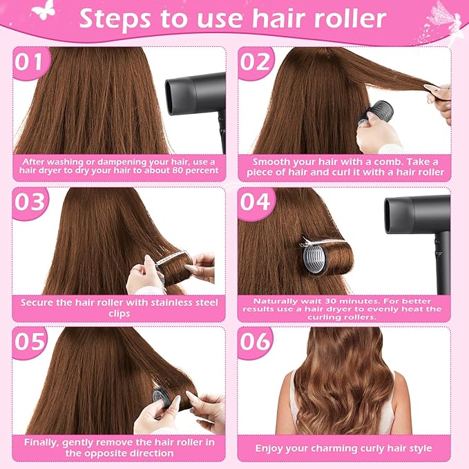 50Piece Hair Rollers Set, Self-Grip Rollers Hair Curlers for Long Medium Short Hair, 4 Sizes of Hair Rolls(6 Jumbo + 6 Large + 6 Medium + 6 Small + 1 Storage Bag), and 24Pcs Clips/1Pcs Comb