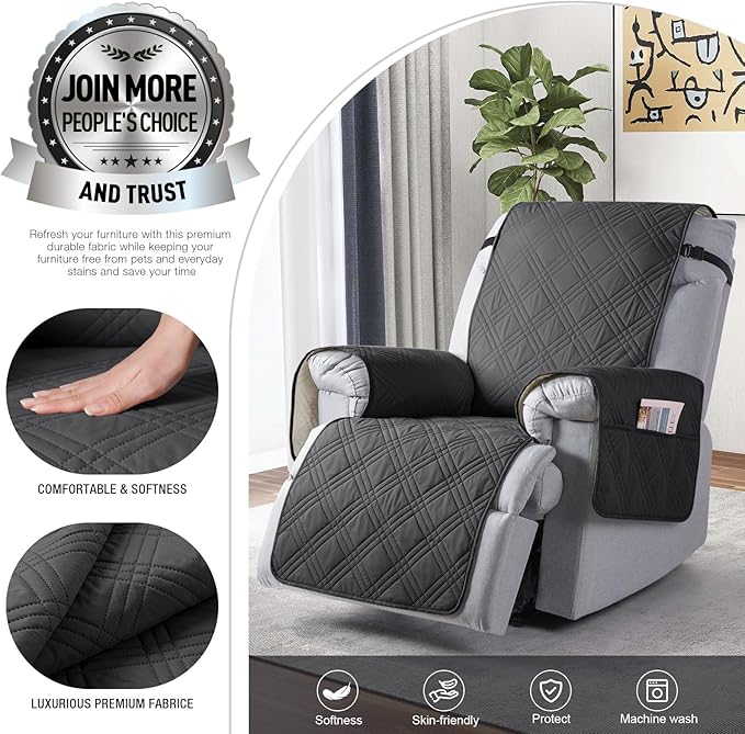 TAOCOCO 100% Waterproof Recliner Chair Covers, Non Slip Recliner Covers for Recliner Chair with Pocket, Washable Reclining Chair Cover Furniture Protector for Kids,Dogs(22'', Charcoal Gray)