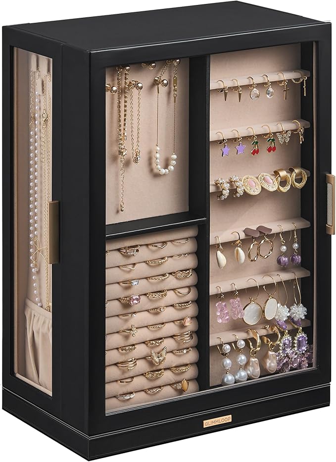 Glimmloop 360ÃÂ° Rotating Jewelry Box with 9 Drawers, Spacious Vertical Jewelry Organizer with Glass Window, Jewelry Storage Case, Dustproof & Moisture-resistant Design, Black