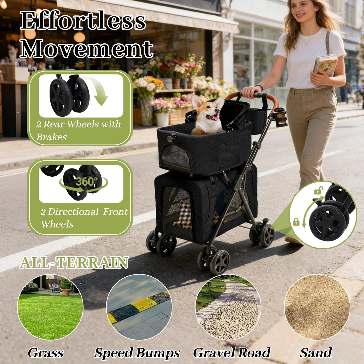 Pet Stroller for Dogs and Cats, 4 in 1 Cat Strollers for 2 Cats, Foldable Dog Stroller for Medium Dogs 20 lbs with Cup Holder and Storage Bag, Suitable for All-Terrain, Dog Gifts