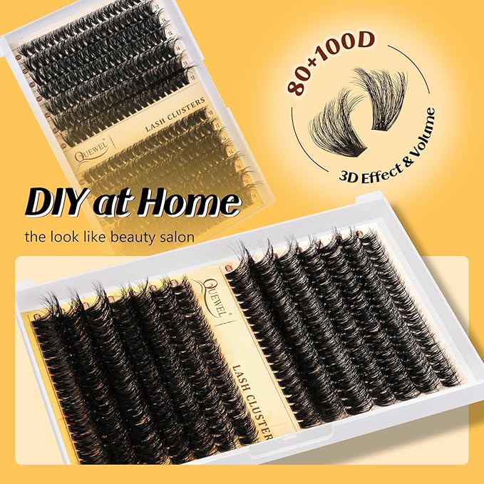 QUEWEL Lash Clusters, Cluster Lashes 3D-80D+100D Eyelash Clusters D Curl Individual Lashes 10-18mm Cluster Eyelash Extensions Create Kinds of Beauty Look (DH-3D+80D+100D)