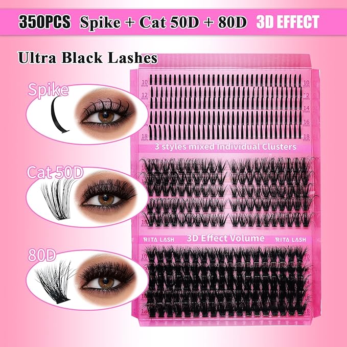 Lash Clusters Kit Eyelash Clusters Kit 3D Effect Cluster Eyelash Extensions Large Pack Spike Lash Extension PestaÃÂ±as Postizas Naturales+Lash Bond&Seal,Remover,Tweezers,headband,wristband(Lash Kit-6)