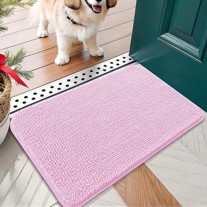 OLANLY Dog Door Mat for Muddy Paws 30x17, Absorbs Moisture and Dirt, Absorbent Non-Slip Washable Doormat, Quick Dry Chenille Mud Mat for Dogs, Entry Indoor Entryway Carpet for Inside Floor, Pink