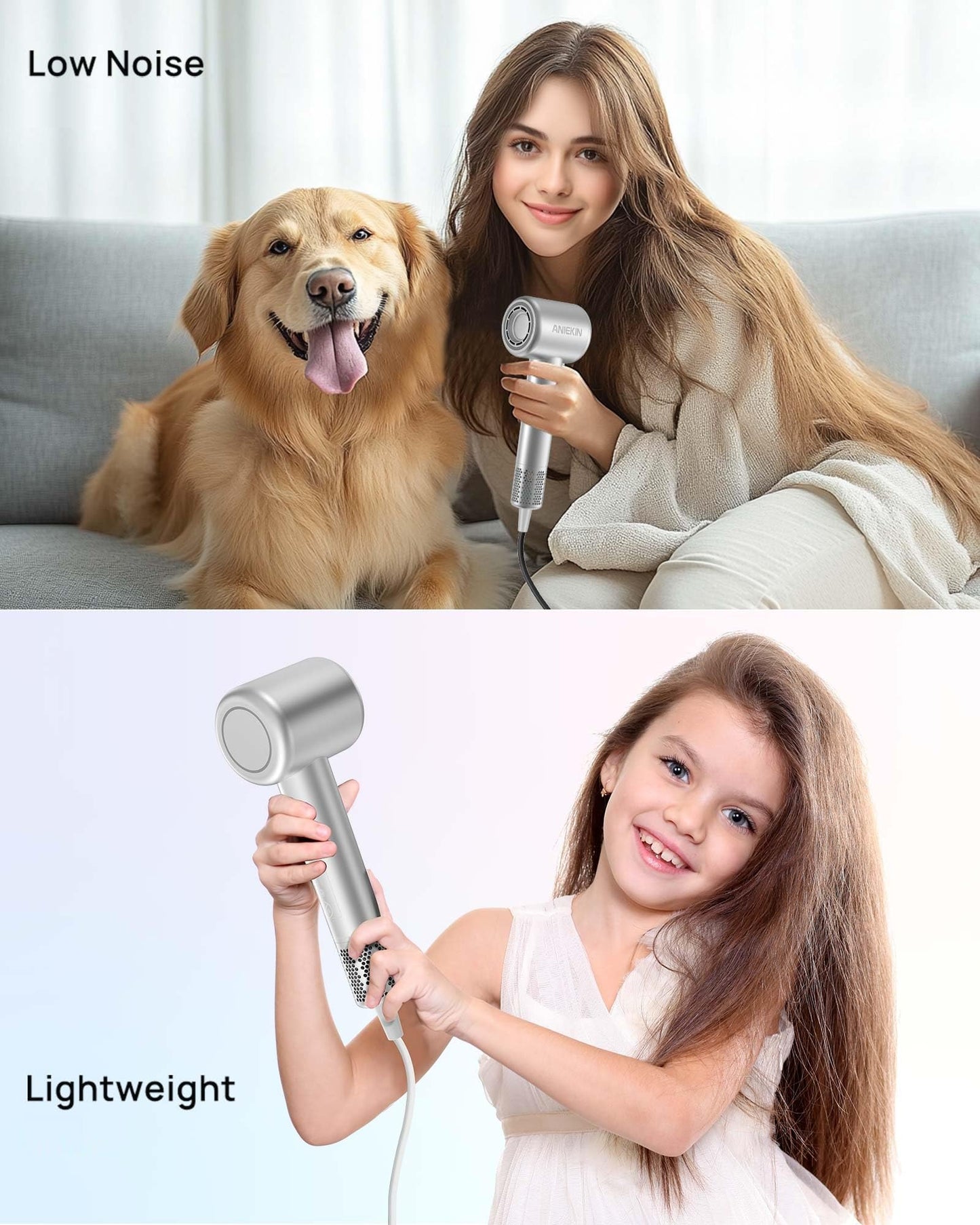 Hair Dryer, High-Speed Ionic Low Noise Blow Dryer for Fast Drying, Birthday Christmas Gifts for Women Men Mom Dad, Thermo-Control Quiet Compact Hair Blow Dryer for Travel Salon, Silver