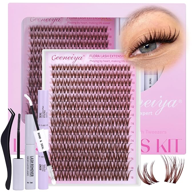 Geeneiya BROWN FLORA Lash Clusters Kit DIY Lash Extension, 8-18MM Wispy Lashes Clusters, Invisible Soft Band Eyelash Extension Kit with Waterproof Lash Bond and Seal, Lash Remover, Tweezers