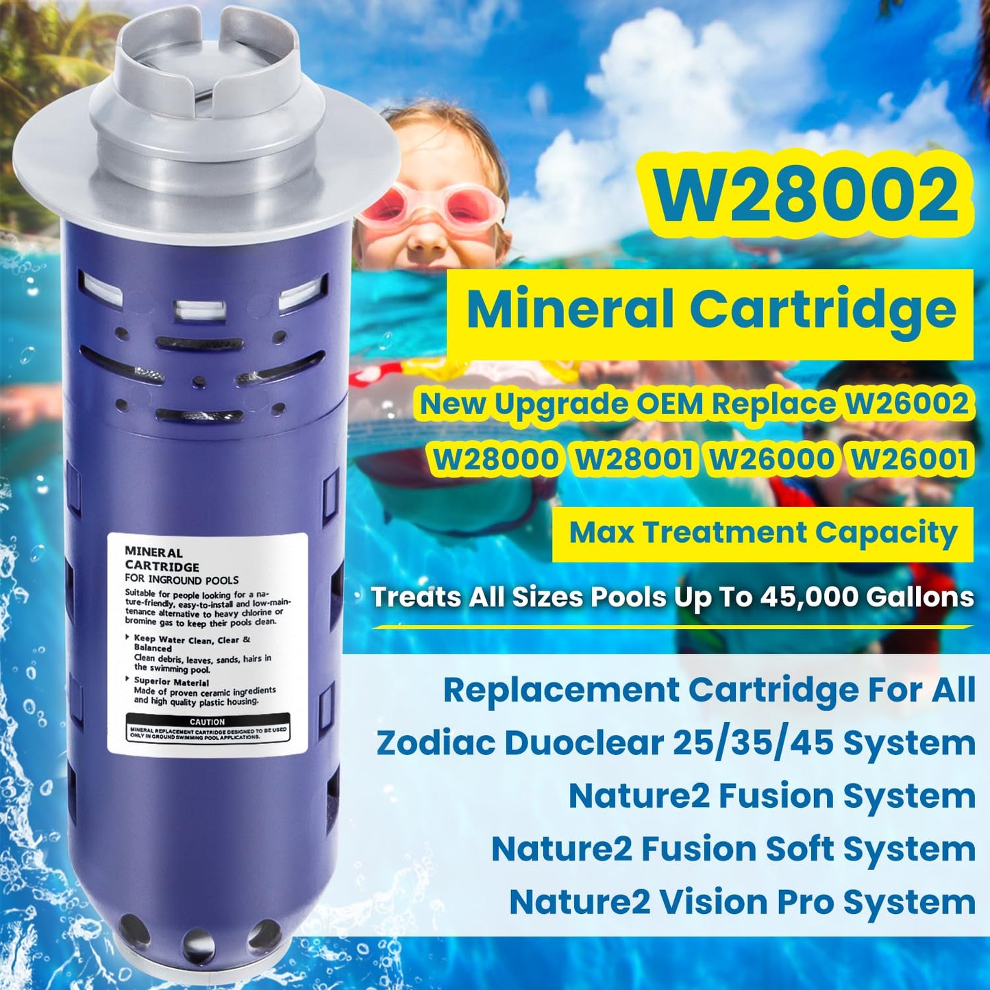 Replacement for Nature2 Duoclear 45 Mineral Cartridge W28002 W26002 for All Zodiac Duoclear & Nature2 Fusion, Fusion Soft, Vision Pro System Aboveground Ingroud Swimming Pool Up to 45,000 Gallons