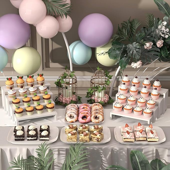2 Set White Wood Tiered Riser Display Stands for Vendor Events,Stackable Wooden Cupcake Stand,Farmhouse Decor Wood Dessert Table Display Set,Vendor Booth Display Items,Food Display Risers for Party