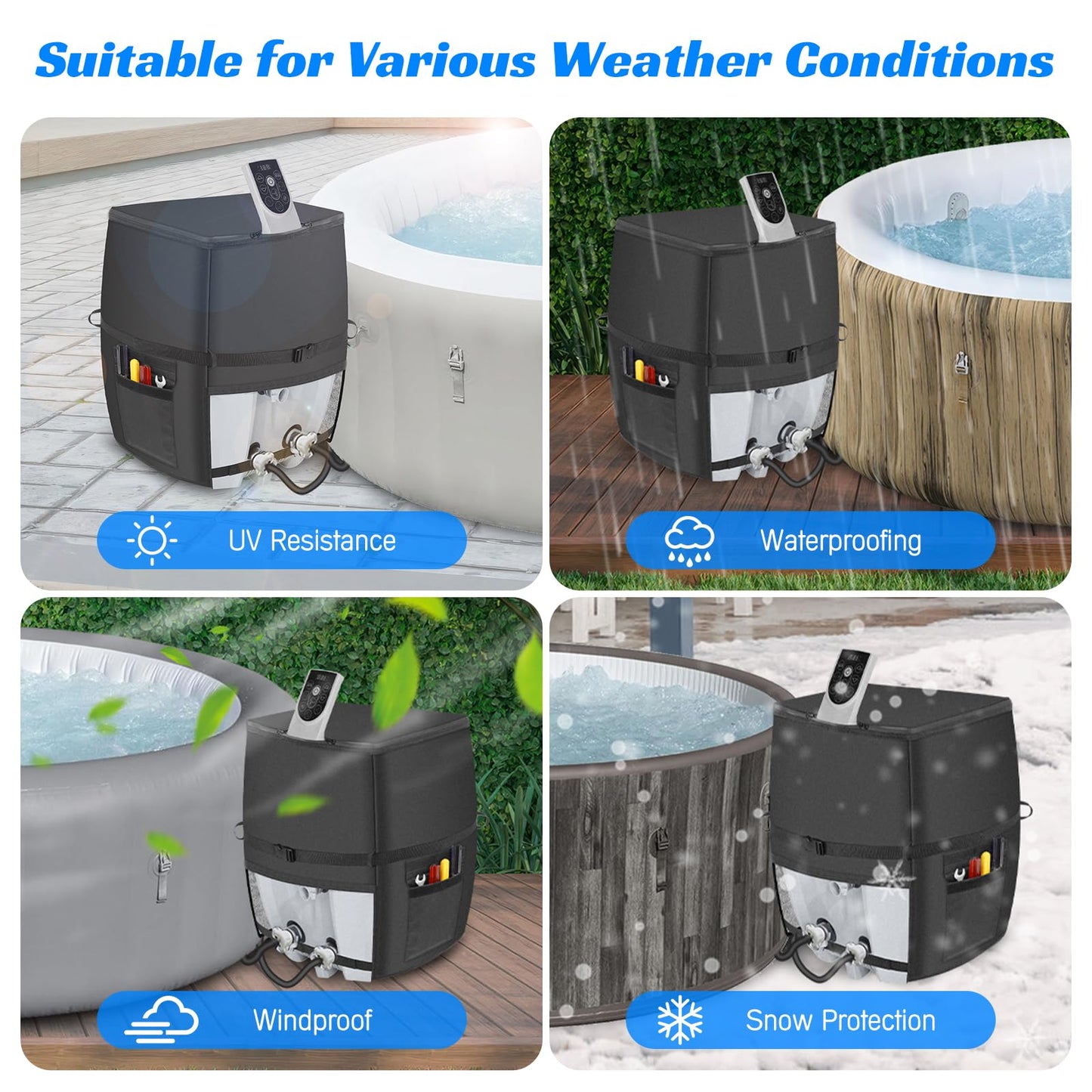 Hot Tub Spa Heater Pump Cover,Waterproof 600D Oxford Fabric Aluminum Film Insulated Cover,Inflatable Hot Tub Spa Heater Pump,Easy Installation with Zipper and Adhesive Straps,Black,Square