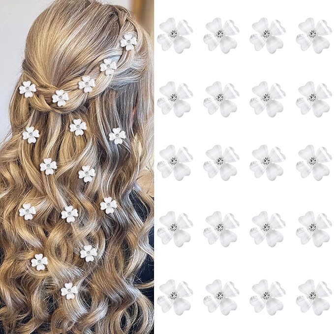YISSION 20Pcs Mini White Flower Hair Clips with Rhinestone Cute Hair Pins Decorative Hair Clips Wedding Hair Barrettes Bridal Hair Accessories for Girls Women