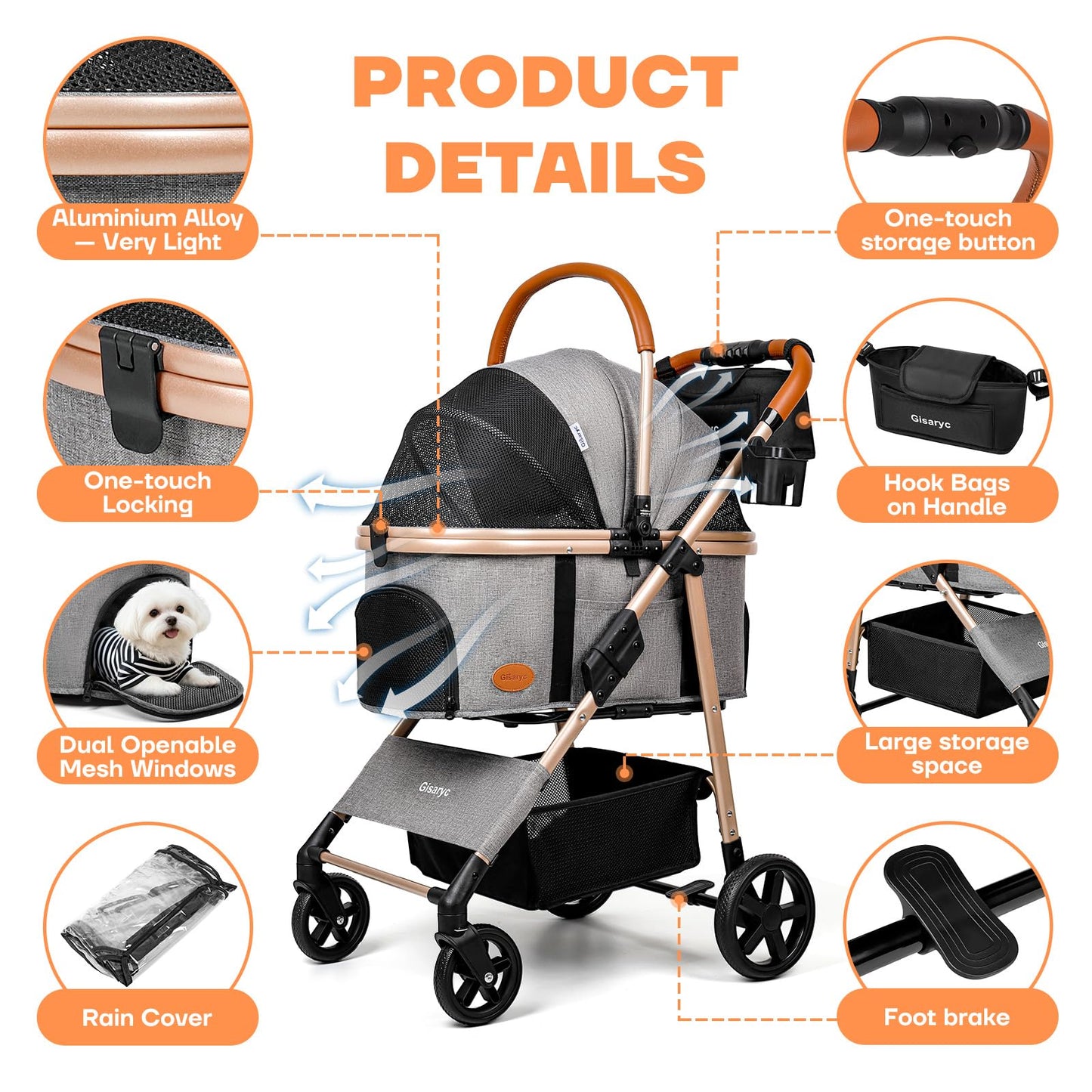 Dog Cat Stroller for Small/Medium Pets up to 50 lbs, 3-in-1 Foldable Pet Stroller with Detachable Carrier, Car Seat, Storage Basket, Cup Holder, Hanging Bag, Rain Cover, All-Terrain 4 Wheels (Grey)
