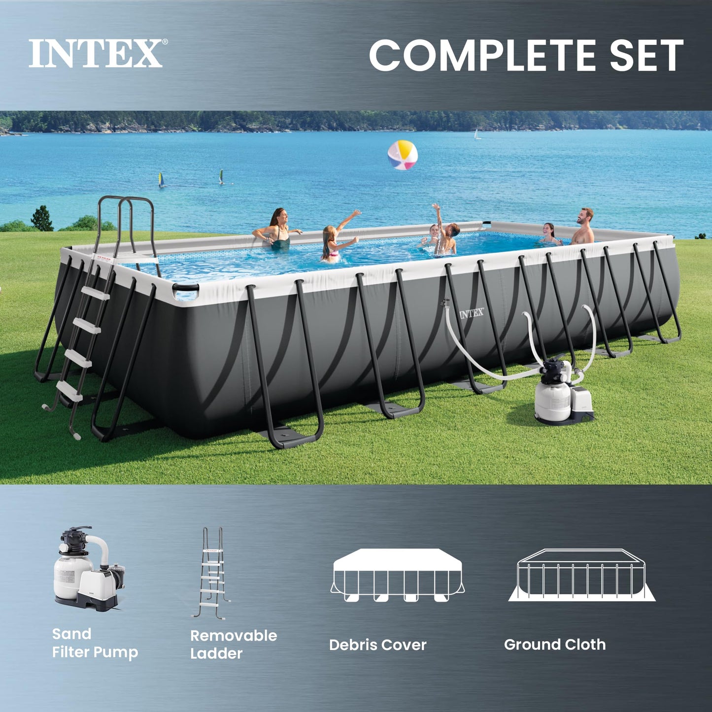 INTEX Ultra XTR 24 ft x 12 ft 52 in Above Ground Pool Set, Rectangular Swimming Pool with Steel Frame, 2100 GPH Sand Filter Pump, Ladder, Cover, & Ground Cloth