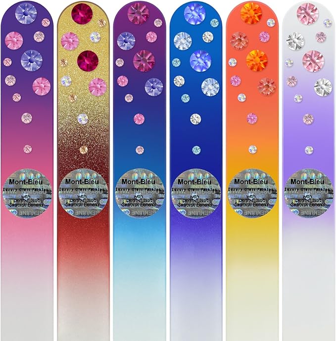 Mont Bleu Gift Set of 5 + 1 free Glass Nail Files hand decorated with crystals - womens gifts - Handmade gifts - Czech Tempered Glass - Best Crystal Nail Files Kit for Natural Nails