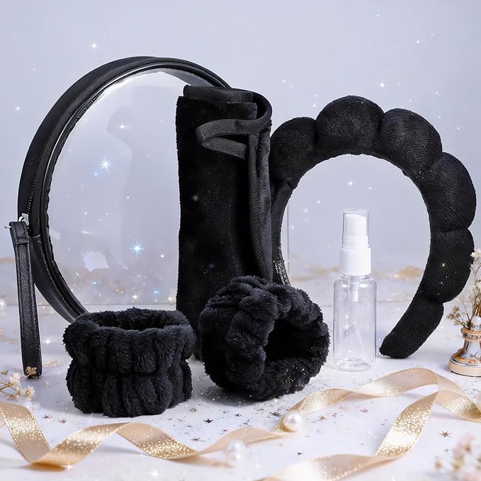 Real Perfection Spa Headband for Washing Face, Skincare Headband Wristband Set for Women, Reusable Machine-Washable Makeup Remover Towel Cloth, 1oz Small Spray Bottle with Travel Makeup Bag - Black